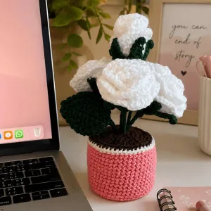 Handmade Crochet White Rose Flower Pot 15 cm | Desk Décor Gift | PahadiKala