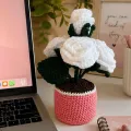 Handmade Crochet White Rose Flower Pot 15 cm | Desk Décor Gift