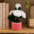 Handmade Crochet White Rose Flower Pot 15 cm | Desk Décor Gift