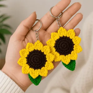 Handmade Crochet Sunflower Keychain Set of 2 | Acrylic Wool Bag Charm | PahadiKala