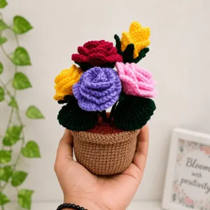 Handmade Crochet Rose Flower Pot | Home Decor Gift | PahadiKala