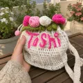 Personalized Crochet Name Pouch Bag Handmade Floral Bag 18x18 cm