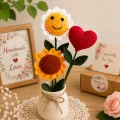 Handmade Crochet Flower Bouquet Set of 3 | Sunflower, Daisy & Heart Flowers