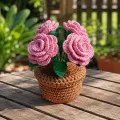 Handmade Crochet Mini Pink Rose Flower Pot 13cm | Desk & Home Decor