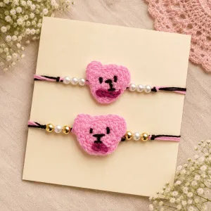 Handmade Crochet Pink Teddy Bear Rakhi with Pearl Beads | Cute Soft Woolen Raksha Bandhan Thread | 30cm