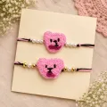 Handmade Crochet Pink Teddy Bear Rakhi with Pearl Beads | Soft Woolen Rakhi 30cm