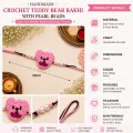 Handmade Crochet Pink Teddy Bear Rakhi with Pearl Beads | Soft Woolen Rakhi 30cm