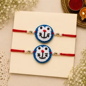 Handmade Crochet Doraemon Rakhi with Pearl Beads | Cute Soft Woolen Raksha Bandhan Thread | 30cm