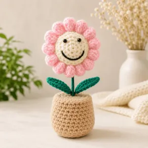 Handmade Crochet Smiley Flower Pot | Cute Handmade Desk Decor Gift | 16cm | PahadiKala