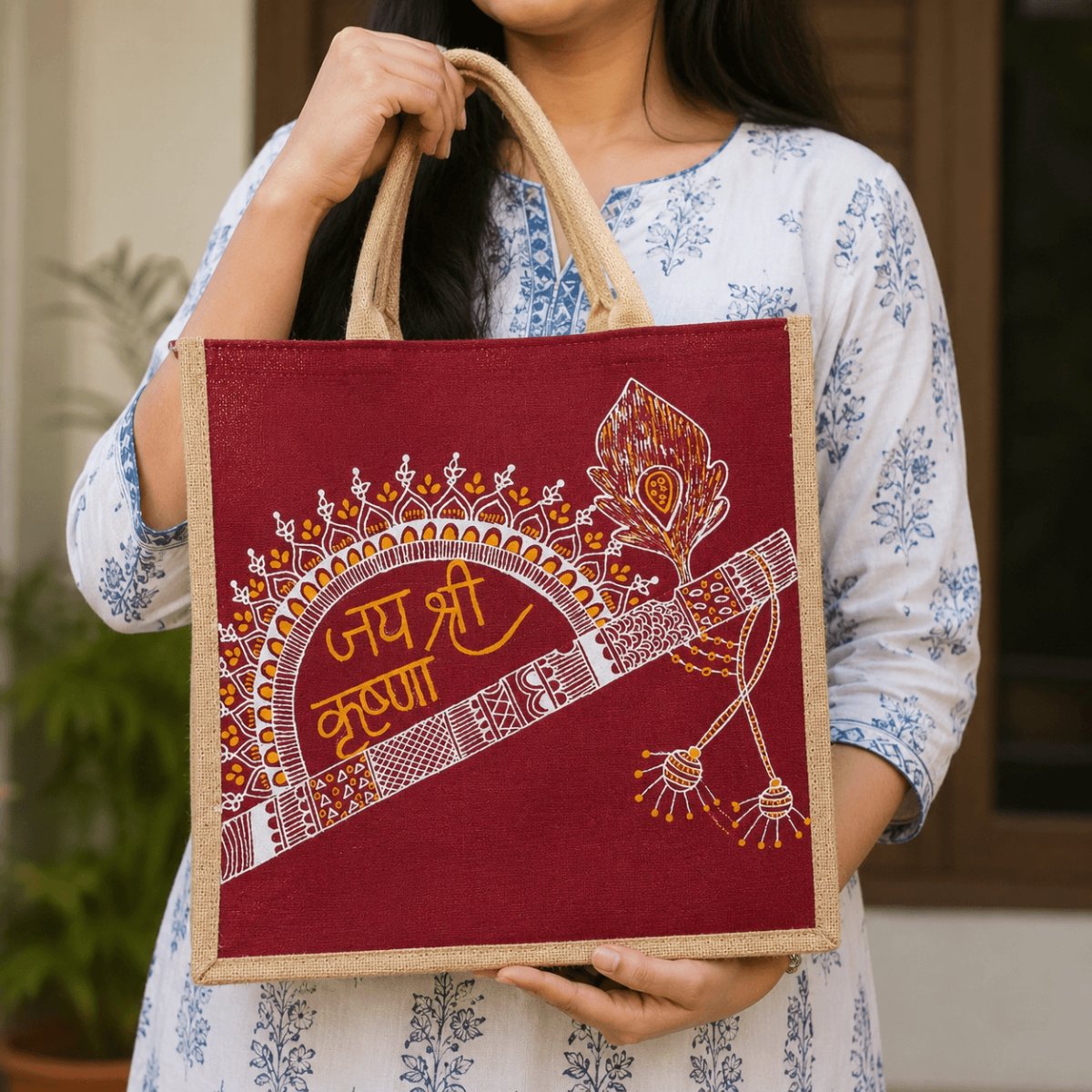 Hand Painted Jai Shri Krishna Jute Tote Bag | 14 x 14 Inch | PahadiKala