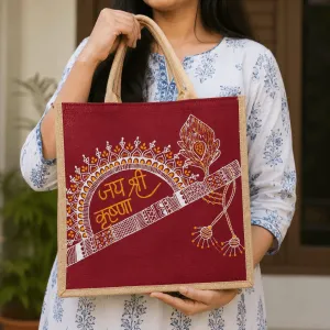 Hand Painted Jai Shri Krishna Jute Tote Bag | 14 x 14 Inch | PahadiKala