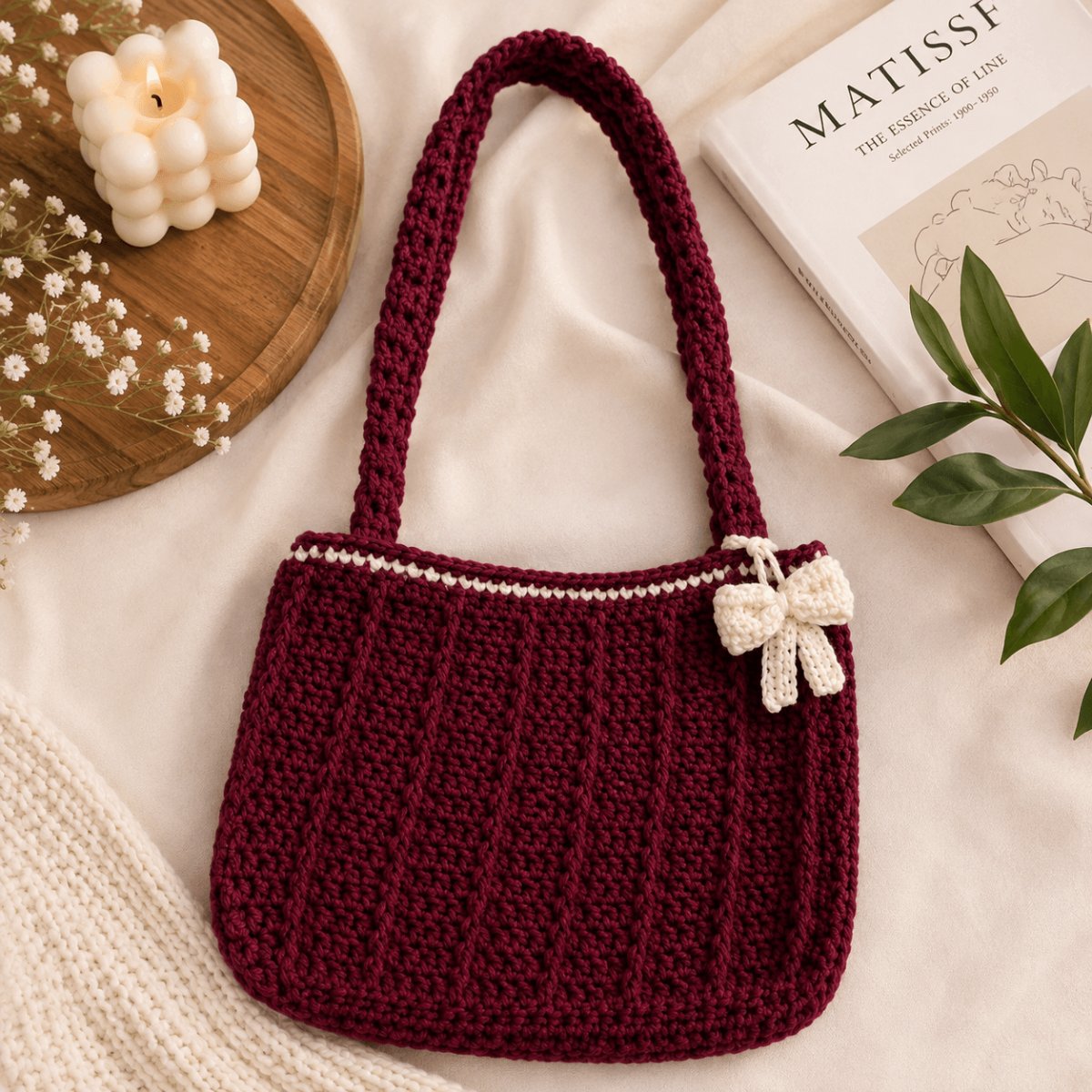 Handmade Crochet Burgundy Shoulder Bag with Bow | Premium Knitted Tote Bag for Women | PahadiKala