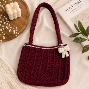 Handmade Crochet Burgundy Shoulder Bag with Bow | Premium Knitted Tote Bag for Women | PahadiKala