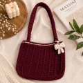 Handmade Crochet Burgundy Shoulder Bag with Bow | Premium Knitted Tote Bag for Women