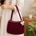 Handmade Crochet Burgundy Shoulder Bag with Bow | Premium Knitted Tote Bag for Women
