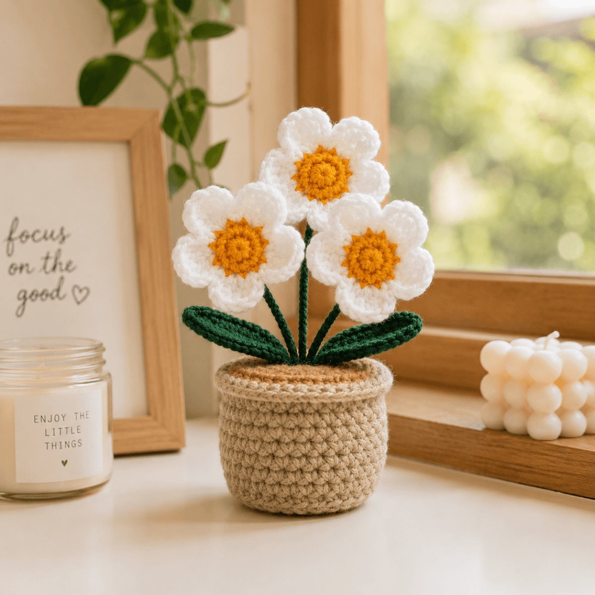Handmade Crochet White Flower Pot | Floral Home Decor | 16cm | PahadiKala