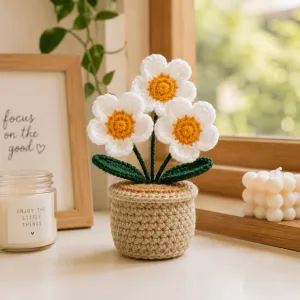 Handmade Crochet White Flower Pot | Floral Home Decor | 16cm | PahadiKala