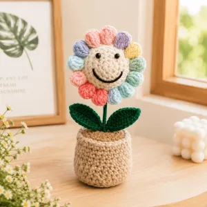Handmade Crochet Rainbow Flower Pot | Cute Home Decor | 16cm | PahadiKala