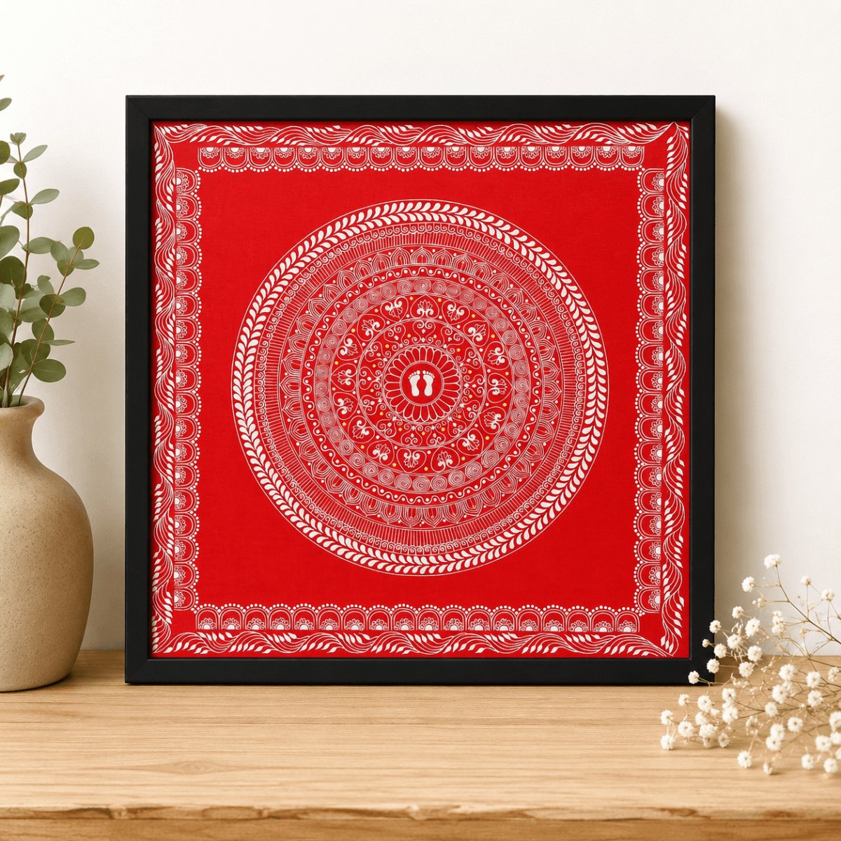 Handmade Aipan Art Mandala Wall Decor with Footprint Design – 24×24 Inch | PahadiKala