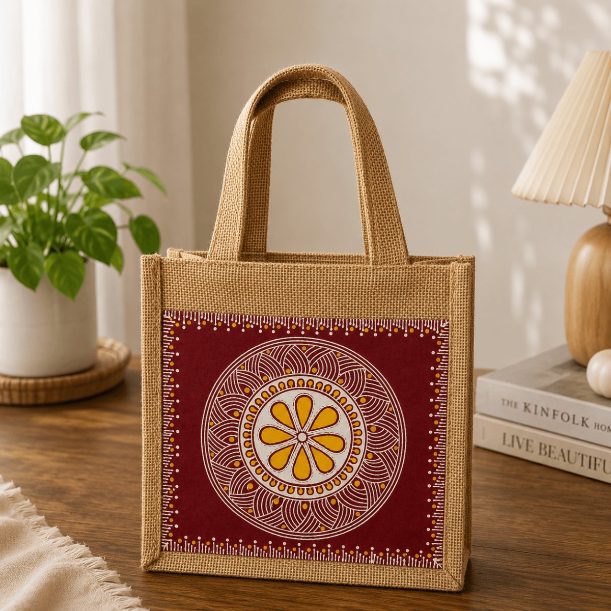 Hand-Painted Aipan Art Jute Tote Bag | 8×8 Inch | PahadiKala