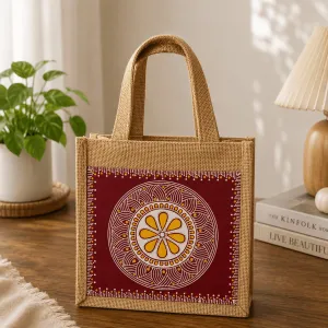 Hand-Painted Aipan Art Jute Tote Bag | 8×8 Inch | PahadiKala