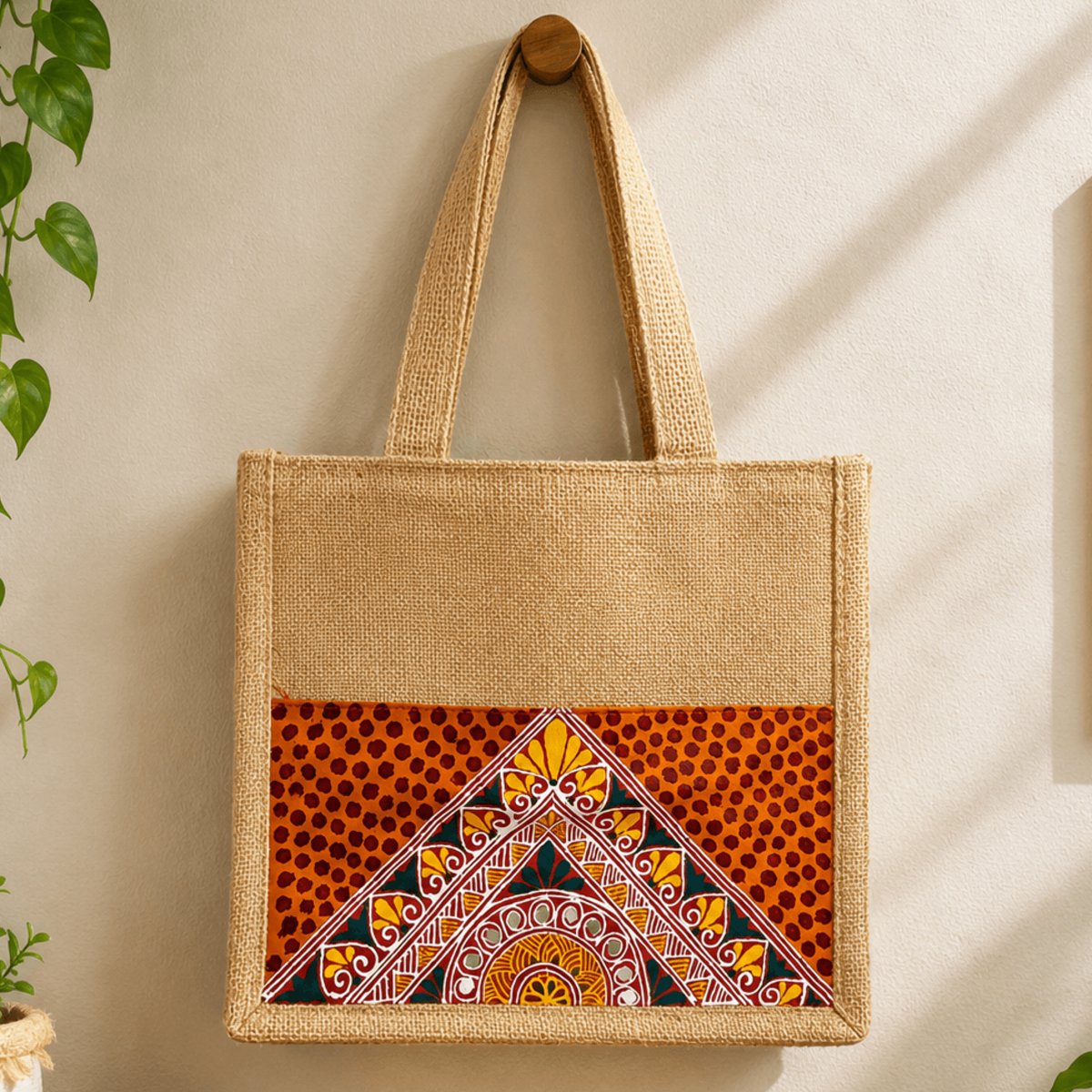 Hand-Painted Traditional Art Jute Tote Bag | 10×10 Inch | PahadiKala