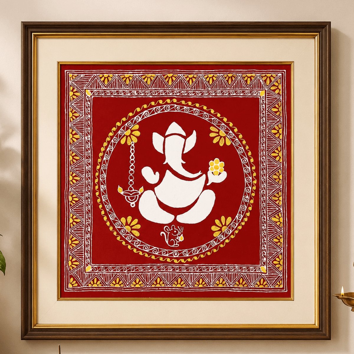 Handmade Aipan Art Lord Ganesha Wall Decor with Wooden Frame – 15×15 Inch | PahadiKala