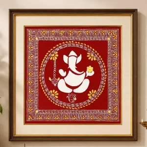 Handmade Aipan Art Lord Ganesha Wall Decor with Wooden Frame – 15×15 Inch | PahadiKala