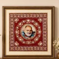 Handmade Aipan Art Neem Karoli Baba Wall Decor with Wooden Frame – 15×15 Inch