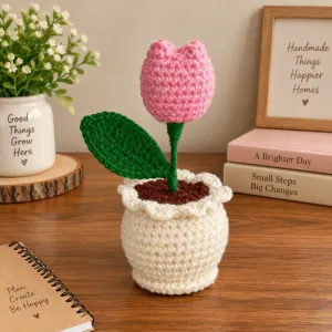 Handmade Crochet Pink Tulip Flower Pot | 12 cm Home Décor | PahadiKala