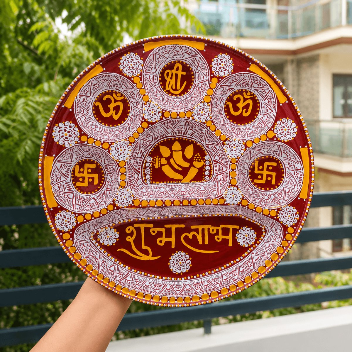 Handmade Aipan Shubh Labh Decorative Plate with Ganesh – 32 cm | PahadiKala
