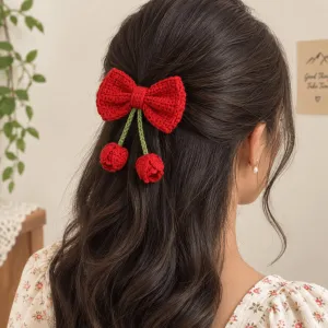 Handmade Red Crochet Bow Hair Accessory with Cherries | PahadiKala