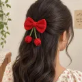Handmade Red Crochet Bow Hair Accessory with Cherries