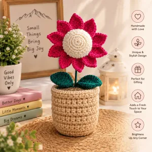 Handmade Crochet Pink Flower Pot | Cute Floral Home Decor | 17cm | PahadiKala