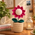 Handmade Crochet Pink Flower Pot | Cute Floral Home Decor | 17cm