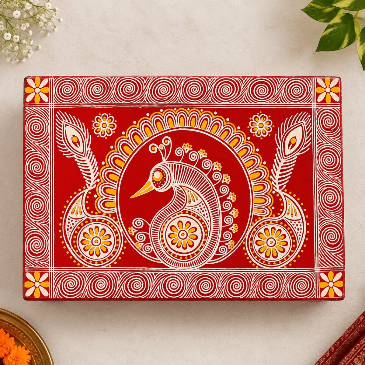 Handmade Aipan Art Chowki | 32×22×6 cm | PahadiKala