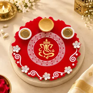 Red Resin Ganesh Ji Pooja Thali 8 Inch | Pahadikala | PahadiKala