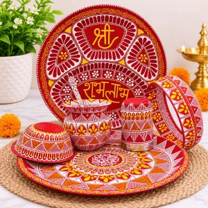 Aipan Art Pooja Thali Set with Accessories | 7 Pieces | PahadiKala