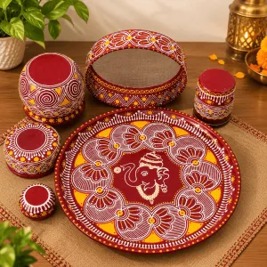 Handmade Aipan Art Karva Chauth Pooja Thali Set – 30×30 cm | PahadiKala