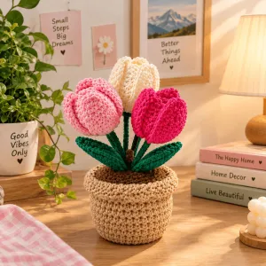 Handmade Crochet Tulip Flower Pot | Pink & White Floral Decor | 14cm | PahadiKala