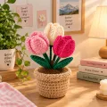 Handmade Crochet Tulip Flower Pot | Pink & White Floral Decor | 14cm