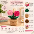 Handmade Crochet Tulip Flower Pot | Pink & White Floral Decor | 14cm