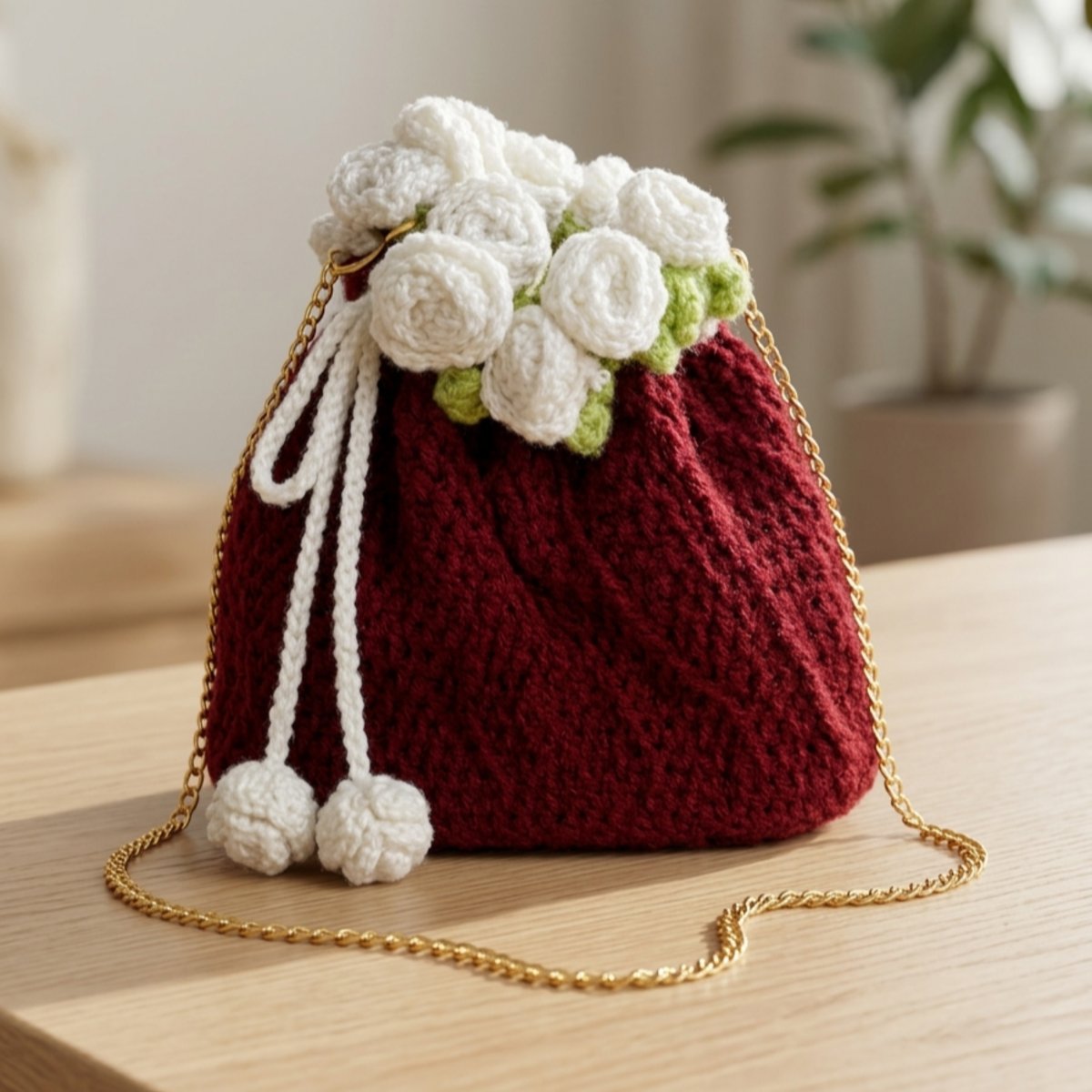 Rose Blossom Crochet Mini Pouch for Girls | Handmade Maroon Floral Potli Bag | PahadiKala