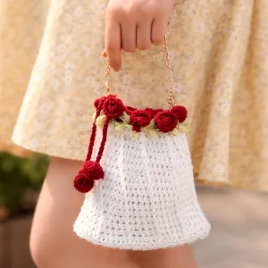 Women's White Crochet Drawstring Bag with Red Roses | PahadiKala