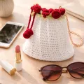 Women's White Crochet Drawstring Bag with Red Roses