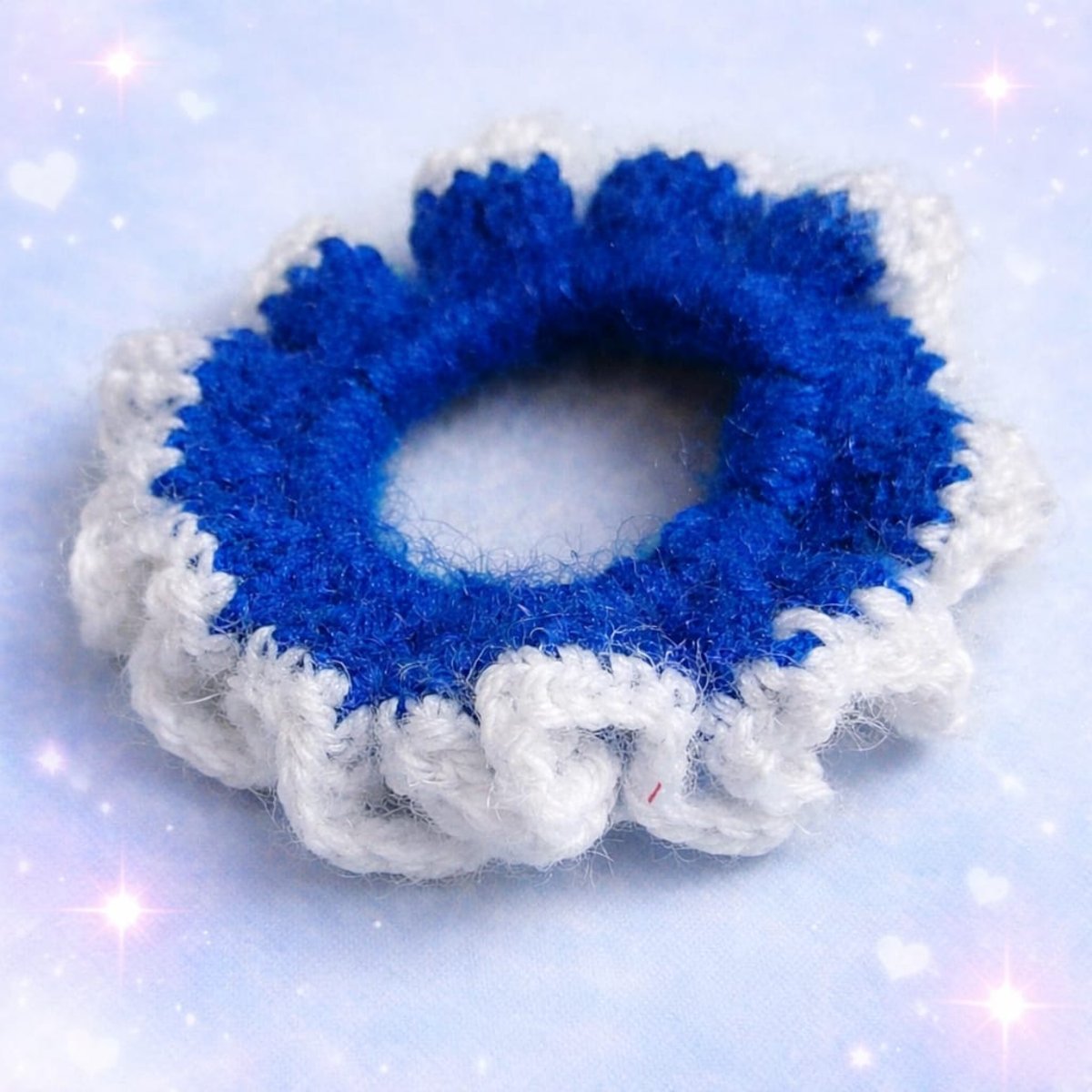 Hand-Crocheted Ruffle Hair Scrunchie - Vibrant Blue & White Waves - 5cm length