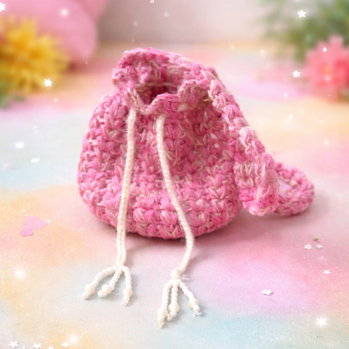 Handmade Crochet Pink Potli Bag | Partywear Drawstring Bag (15cm x 15cm) | PahadiKala