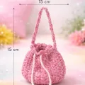 Handmade Crochet Pink Potli Bag | Partywear Drawstring Bag (15cm x 15cm)