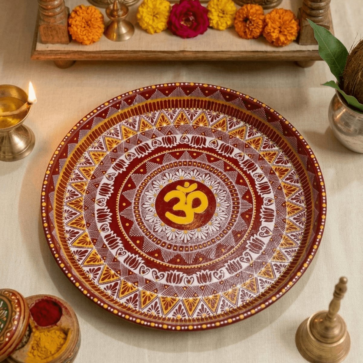 Handpainted Om Mandala Pooja Thali | Decorative Spiritual Plate (26cm x 26cm) | PahadiKala