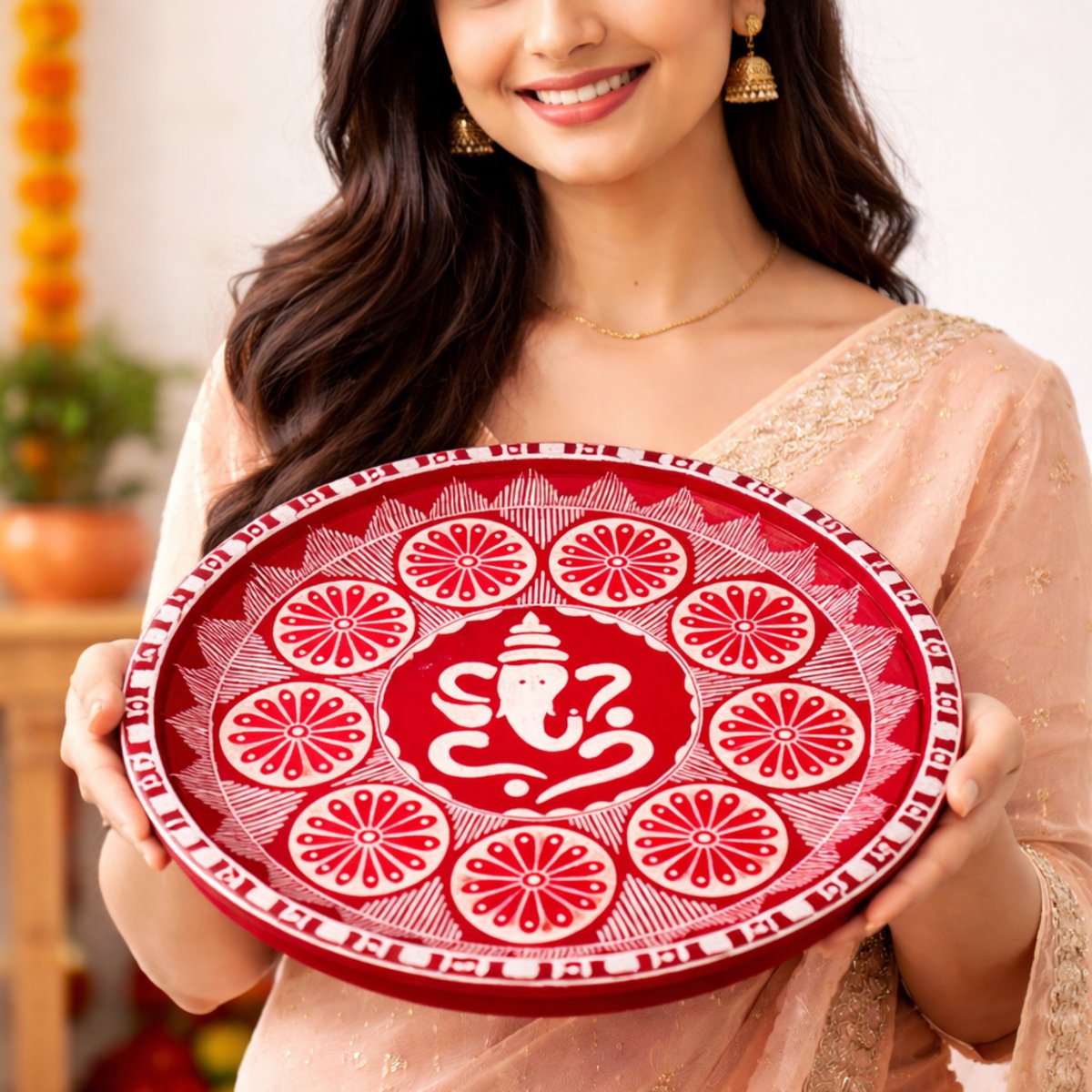 Hand-Painted Ganesha Pooja Thali 12 cm | Red White Decorative Thali | PahadiKala